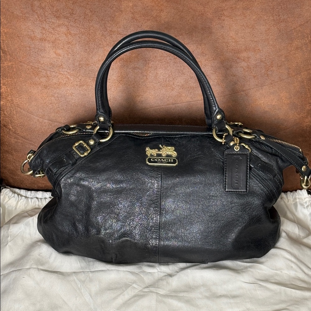 Coach Black Leather Madison Satchel 15955 Gold hardware with Long strap